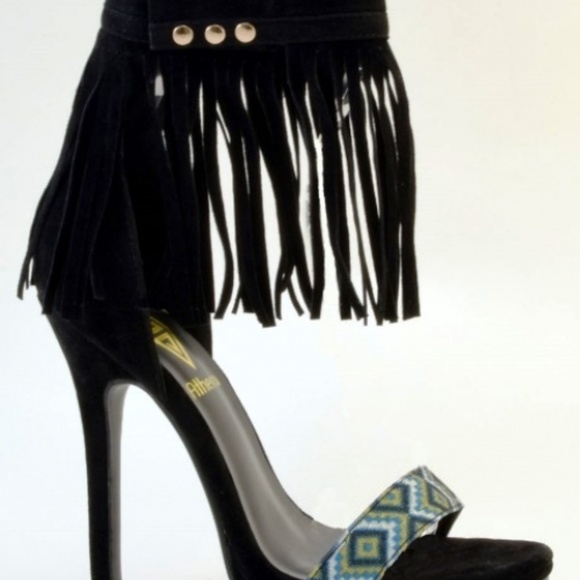 Elsie Black Fringe Ankle Heels - Picture 2 of 2